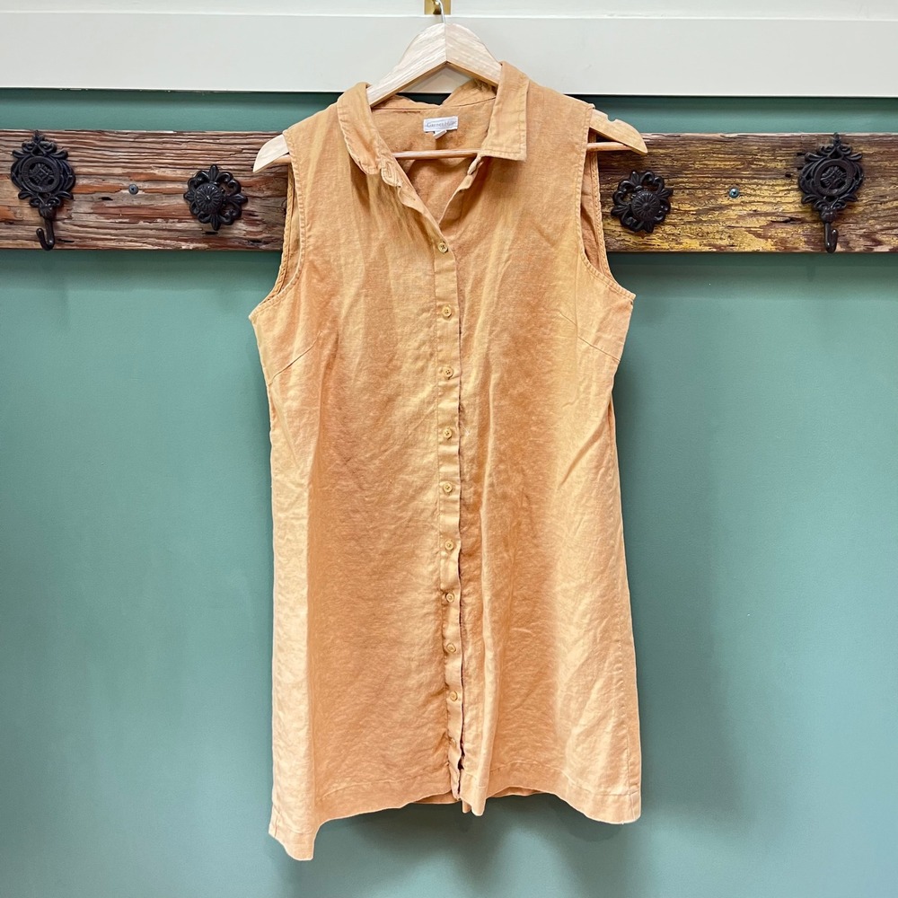 Garnet‎ Hill Womens 100% Linen Sleeveless Button Front Shirt Dress Ochre Size 12